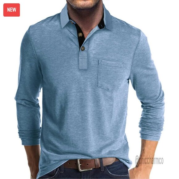 Men's Long Sleeve Polo Shirt Cotton Classic Button Collar Pocket Work Golf